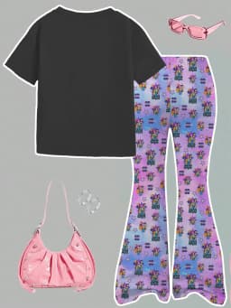 2026 Concert Outfit Girls 2 Piece Set Sparkle Cartoon Crop Top & High Waist Flare Pants Kids Cute Clothing