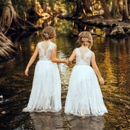 Girl Family Set Princess Dress White Lace Long Dress Wedding Flower Children Open Back Wedding Dress Girl Elegant Evening Dress