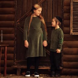 Velour Set with Polar Fleece Pocket Family Clothing Dress Top and Romper Overall Suspender Children Green Elegant Bust Shrink