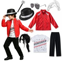 Boys Singer Red Jacket Piano Print T-Shirt Black Pants Set Halloween Kids Stage Cosplay Party Outfit