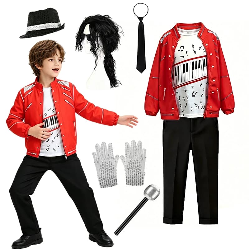 Boys Singer Red Jacket Piano Print T-Shirt Black Pants Set Halloween Kids Stage Cosplay Party Outfit