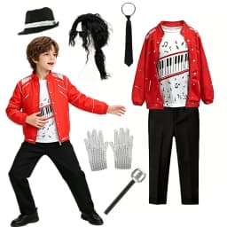 Boys Singer Red Jacket Piano Print T-Shirt Black Pants Set Halloween Kids Stage Cosplay Party Outfit
