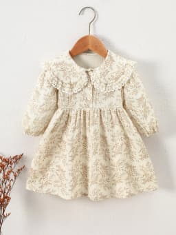 1-Piece Spring and Autumn Girls' Double-Sided Crinkled Light Coffee-Colored Printed Dress, Cute Cotton Country-Style Doll Collar Princess Dress, Long-Sleeve Lace Plush Trim Collar, Comfortable Dress for Baby Girls, Soft and Breathable for Toddlers and Young Children, Suitable for Outings