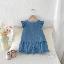 2026 Summer Girls' Flared Denim Embroidered Set - Fashion Lightweight Top + Shorts Set for Baby Girls