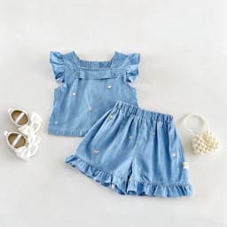 2026 Summer Girls' Flared Denim Embroidered Set - Fashion Lightweight Top + Shorts Set for Baby Girls