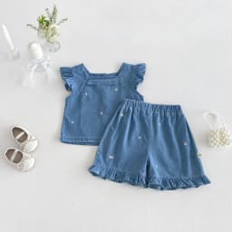2026 Summer Girls' Flared Denim Embroidered Set - Fashion Lightweight Top + Shorts Set for Baby Girls