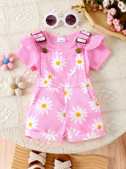 2pcs Cross-border Summer New Girl Sweet and Cute 1-7 Years Old Top Short-Sleeved Shirt + Printed Bib Pants