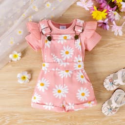 2pcs Cross-border Summer New Girl Sweet and Cute 1-7 Years Old Top Short-Sleeved Shirt + Printed Bib Pants