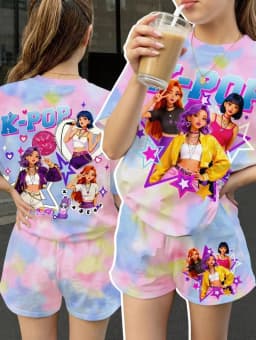 Kpop Cartoon Graphic Girls T-Shirt and Pants Set Girls' Summer Clothing Cute Short Sleeve Set Children's T-Shirt and Shorts Set
