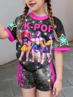 Kpop Cartoon Graphic Girls T-Shirt and Pants Set Girls' Summer Clothing Cute Short Sleeve Set Children's T-Shirt and Shorts Set