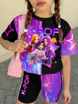 Kpop Cartoon Graphic Girls T-Shirt and Pants Set Girls' Summer Clothing Cute Short Sleeve Set Children's T-Shirt and Shorts Set