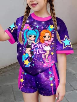 Kpop Cartoon Graphic Girls T-Shirt and Pants Set Girls' Summer Clothing Cute Short Sleeve Set Children's T-Shirt and Shorts Set