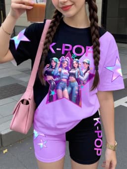 Kpop Cartoon Graphic Girls T-Shirt and Pants Set Girls' Summer Clothing Cute Short Sleeve Set Children's T-Shirt and Shorts Set