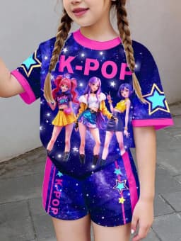 Kpop Cartoon Graphic Girls T-Shirt and Pants Set Girls' Summer Clothing Cute Short Sleeve Set Children's T-Shirt and Shorts Set