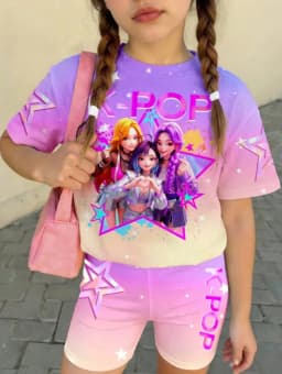 Kpop Cartoon Graphic Girls T-Shirt and Pants Set Girls' Summer Clothing Cute Short Sleeve Set Children's T-Shirt and Shorts Set