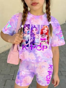 Kpop Cartoon Graphic Girls T-Shirt and Pants Set Girls' Summer Clothing Cute Short Sleeve Set Children's T-Shirt and Shorts Set