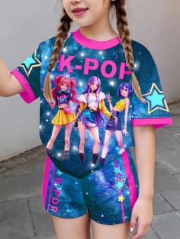 Kpop Cartoon Graphic Girls T-Shirt and Pants Set Girls' Summer Clothing Cute Short Sleeve Set Children's T-Shirt and Shorts Set