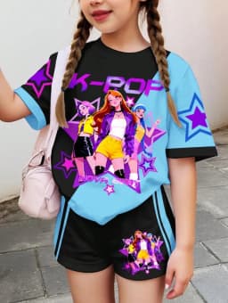 Kpop Cartoon Graphic Girls T-Shirt and Pants Set Girls' Summer Clothing Cute Short Sleeve Set Children's T-Shirt and Shorts Set
