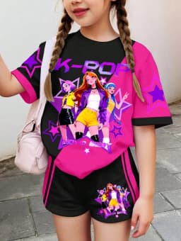 Kpop Cartoon Graphic Girls T-Shirt and Pants Set Girls' Summer Clothing Cute Short Sleeve Set Children's T-Shirt and Shorts Set