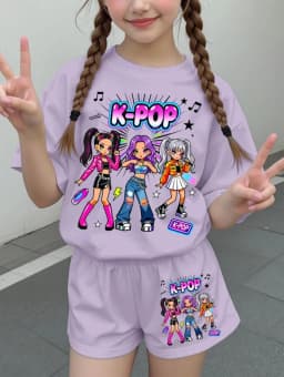 Kpop Cartoon Graphic Girls T-Shirt and Pants Set Girls' Summer Clothing Cute Short Sleeve Set Children's T-Shirt and Shorts Set