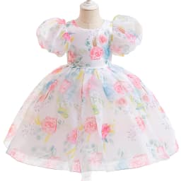Fashion Flower Printed Party Girls Dresses Christmas Costume White Wedding Birthday Princess Prom Dress for Girl Bridesmaid Gown