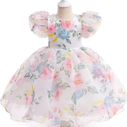Fashion Flower Printed Party Girls Dresses Christmas Costume White Wedding Birthday Princess Prom Dress for Girl Bridesmaid Gown