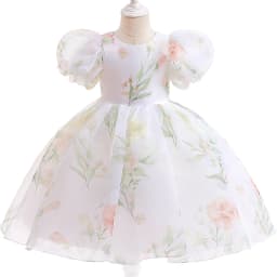 Fashion Flower Printed Party Girls Dresses Christmas Costume White Wedding Birthday Princess Prom Dress for Girl Bridesmaid Gown
