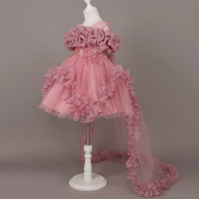 Kids Dress For Girls Ruffles Sleeve Flower Girl Gown Purple Birthday Evening Party Costume