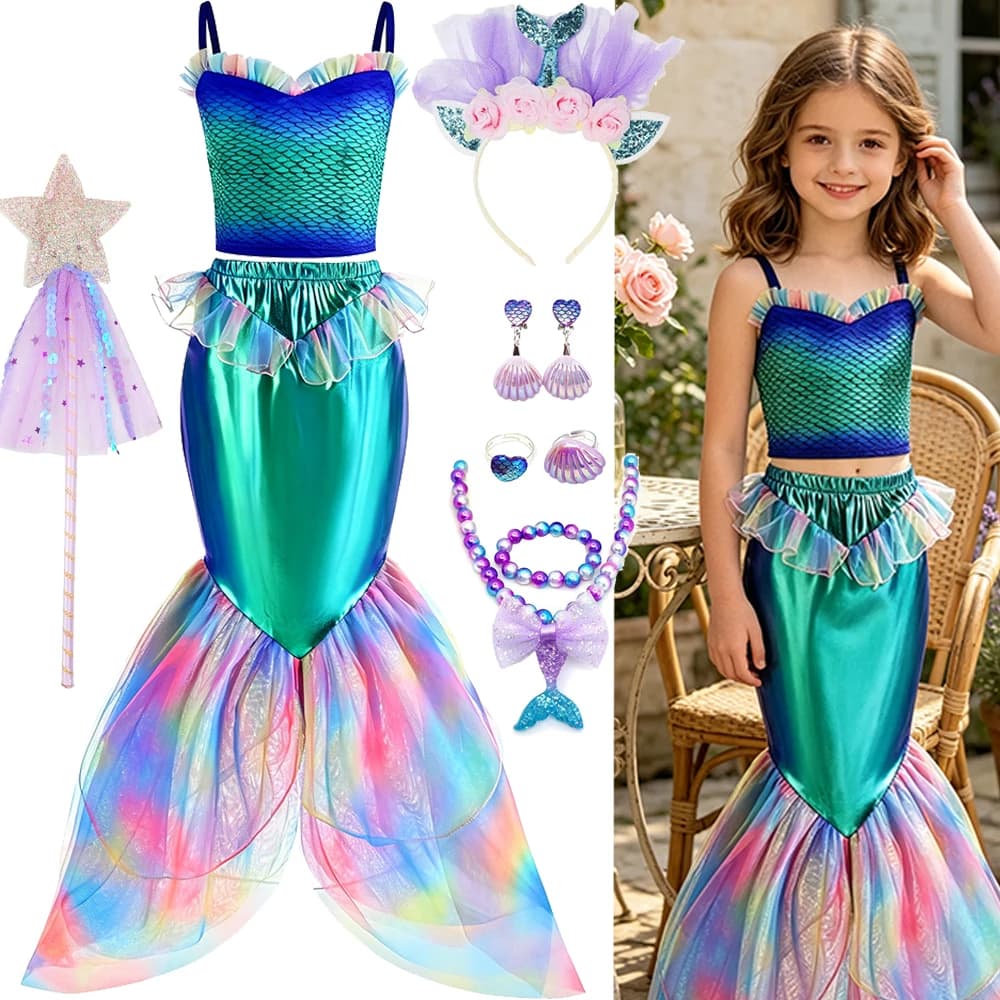 Girls Blue Mermaid Two Piece Dress Set for Birthday Party Halloween Costumes Princess Cosplay