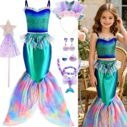 Girls Blue Mermaid Two Piece Dress Set for Birthday Party Halloween Costumes Princess Cosplay
