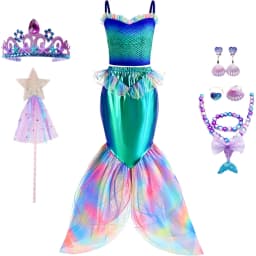 Girls Blue Mermaid Two Piece Dress Set for Birthday Party Halloween Costumes Princess Cosplay