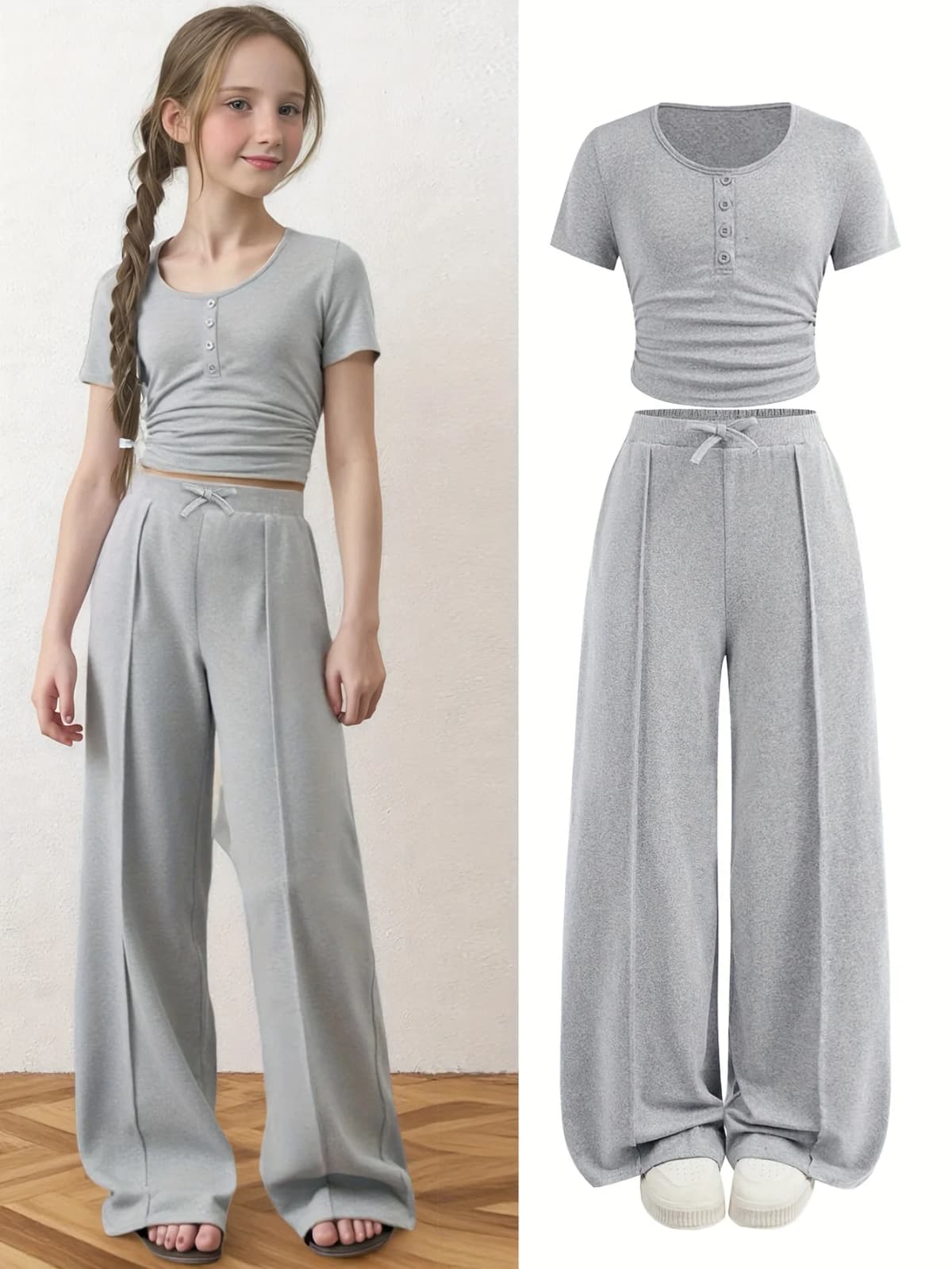 Girls' Casual Short-Sleeve Set: Summer Outfit for Girls, Casual Solid Color Round Neck T-Shirt with Decorative Buttons and Loose Straight-Leg Pants, 2-Piece Set Suitable for Girls Aged 5-13, Gray Solid Color Outfit