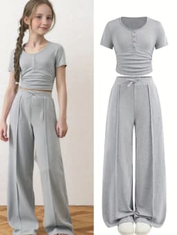 Girls' Casual Short-Sleeve Set: Summer Outfit for Girls, Casual Solid Color Round Neck T-Shirt with Decorative Buttons and Loose Straight-Leg Pants, 2-Piece Set Suitable for Girls Aged 5-13, Gray Solid Color Outfit