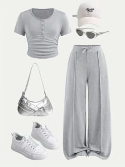 Girls' Casual Short-Sleeve Set: Summer Outfit for Girls, Casual Solid Color Round Neck T-Shirt with Decorative Buttons and Loose Straight-Leg Pants, 2-Piece Set Suitable for Girls Aged 5-13, Gray Solid Color Outfit