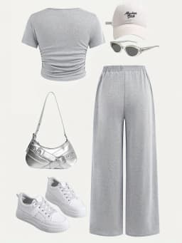 Girls' Casual Short-Sleeve Set: Summer Outfit for Girls, Casual Solid Color Round Neck T-Shirt with Decorative Buttons and Loose Straight-Leg Pants, 2-Piece Set Suitable for Girls Aged 5-13, Gray Solid Color Outfit