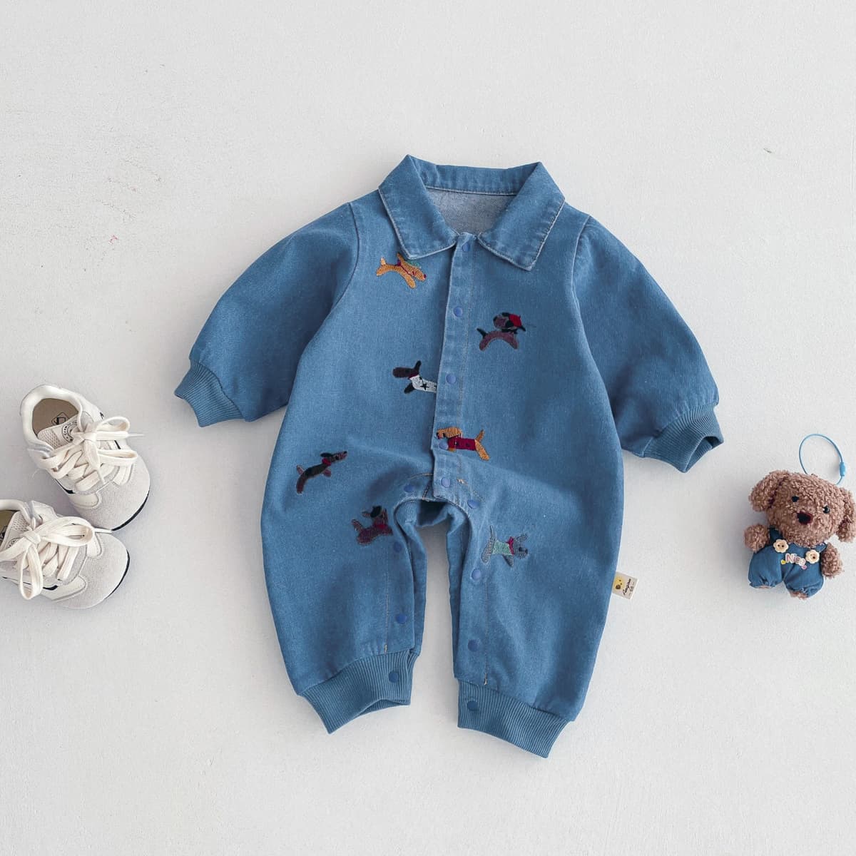 Baby One-Piece Suit, Denim Autumn Wear, Embroidered Outdoor Crawling Clothes for Boys and Girls, Hayi, First Birthday Clothes Fo