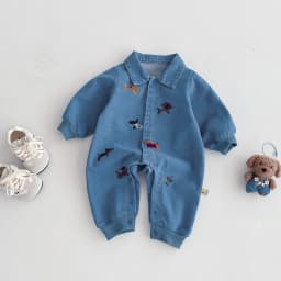 Baby One-Piece Suit, Denim Autumn Wear, Embroidered Outdoor Crawling Clothes for Boys and Girls, Hayi, First Birthday Clothes Fo