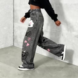 Girls' Y2K Cartoon Graffiti Print Wide Leg Faux Jeans - Teen Fashion Loose Fit Faux Jeans with Smiley Face, Butterfly and Bear P