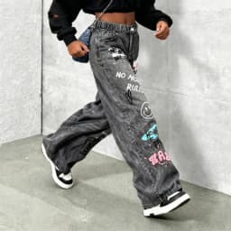 Girls' Y2K Cartoon Graffiti Print Wide Leg Faux Jeans - Teen Fashion Loose Fit Faux Jeans with Smiley Face, Butterfly and Bear P
