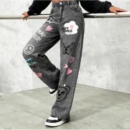 Girls' Y2K Cartoon Graffiti Print Wide Leg Faux Jeans - Teen Fashion Loose Fit Faux Jeans with Smiley Face, Butterfly and Bear P