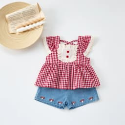 Korean-Style Summer Girl's Sweet Check Short-Sleeved Set, Cute Frilled Princess Dress + Denim Shorts for Baby Girls