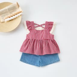 Korean-Style Summer Girl's Sweet Check Short-Sleeved Set, Cute Frilled Princess Dress + Denim Shorts for Baby Girls