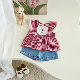Korean-Style Summer Girl's Sweet Check Short-Sleeved Set, Cute Frilled Princess Dress + Denim Shorts for Baby Girls