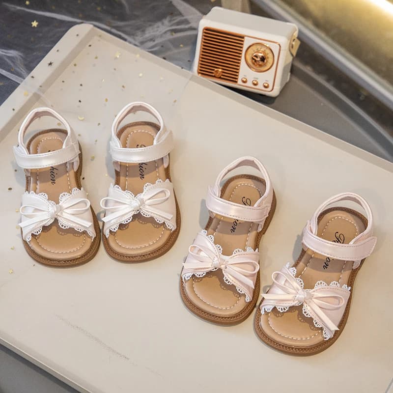 Summer Girl's Sandals With Lace Bowknot Open Toe Children's Beach Shoes for Toddlers Soft Sole Non-slip Flexiable Kids Footwear
