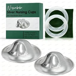 The Original Silvery Nursing Cups, 2 Pcs Trilaminate Silver Nipple Shields with 2 Silicone Proctect Rings for Breastfeeding