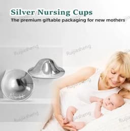 The Original Silvery Nursing Cups, 2 Pcs Trilaminate Silver Nipple Shields with 2 Silicone Proctect Rings for Breastfeeding