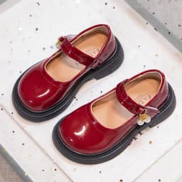 Girls Chic Leather Shoes Princess Sweet Black Mary Janes with Pearl Pendant for Wedding Party Back To School Dress Flats 26-36