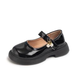 Girls Chic Leather Shoes Princess Sweet Black Mary Janes with Pearl Pendant for Wedding Party Back To School Dress Flats 26-36