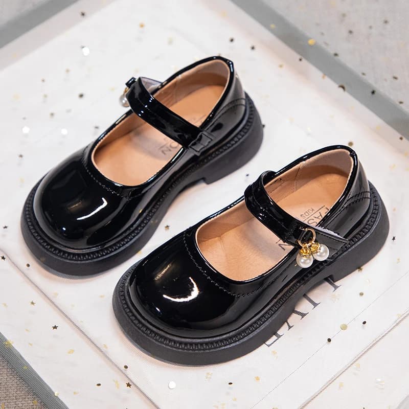 Girls Chic Leather Shoes Princess Sweet Black Mary Janes with Pearl Pendant for Wedding Party Back To School Dress Flats 26-36