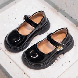 Girls Chic Leather Shoes Princess Sweet Black Mary Janes with Pearl Pendant for Wedding Party Back To School Dress Flats 26-36